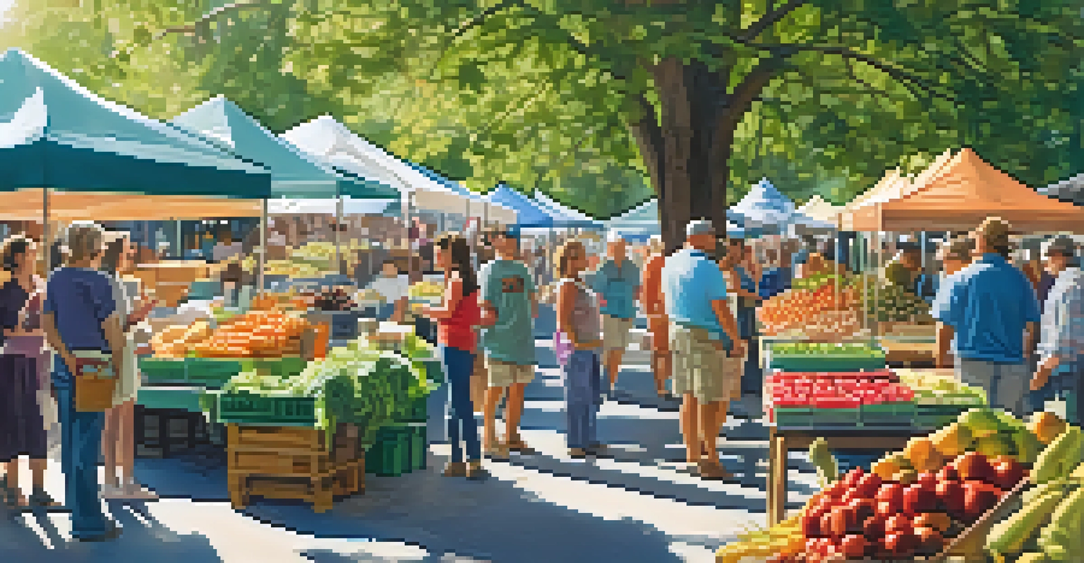 A vibrant farmers' market in North Carolina, showcasing fresh produce and handmade goods, with shoppers and colorful stalls under dappled sunlight.