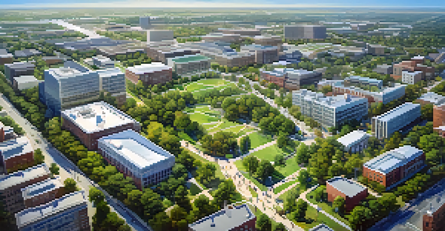 An aerial view of the Research Triangle in North Carolina, showing urban areas and green parks.
