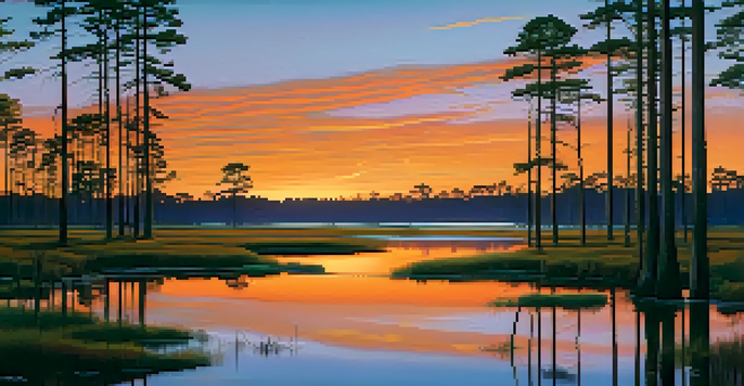 A sunset view of the North Carolina Coastal Plain with vibrant colors in the sky, featuring longleaf pine trees and wetlands with birds.
