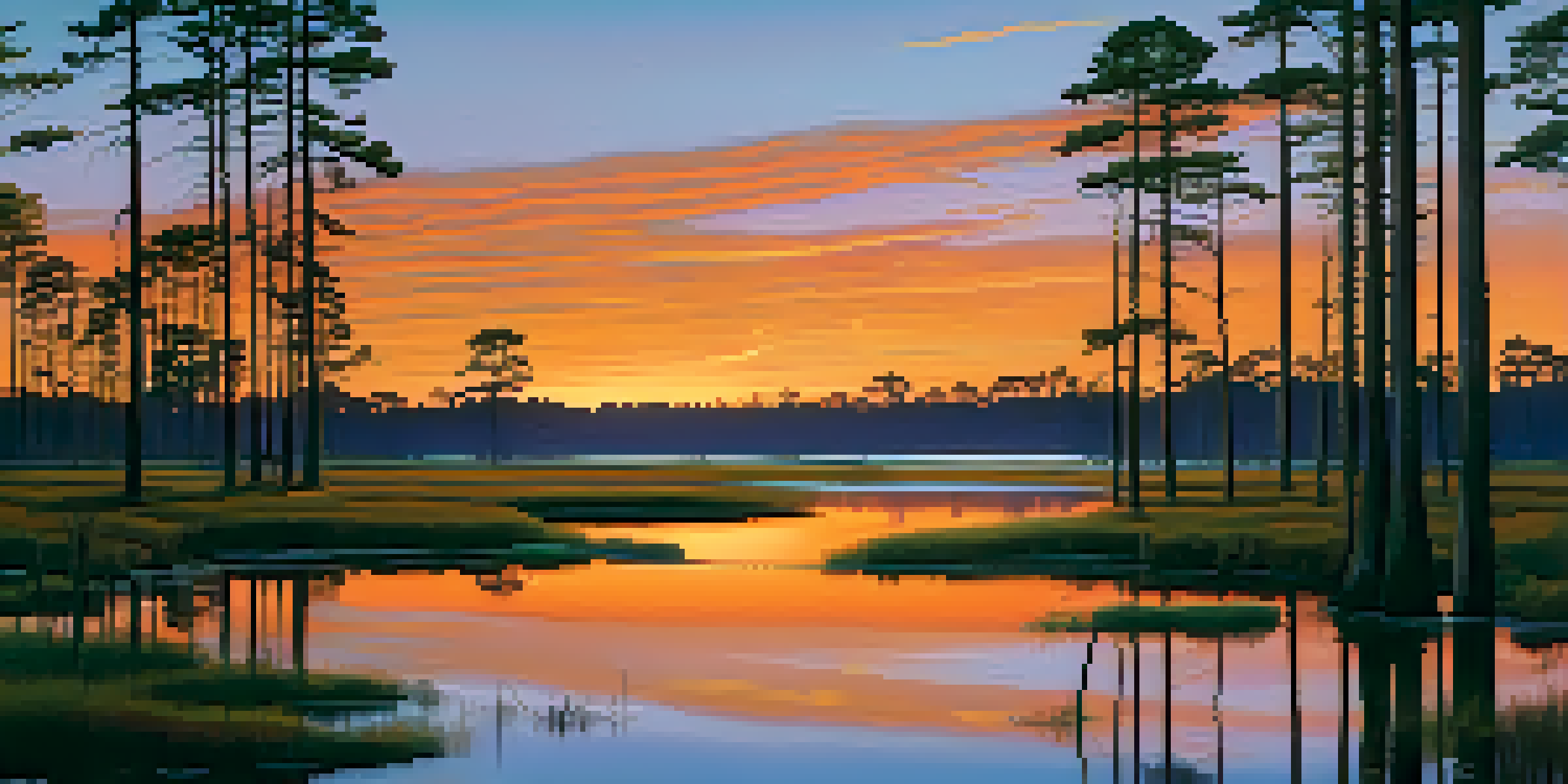 A sunset view of the North Carolina Coastal Plain with vibrant colors in the sky, featuring longleaf pine trees and wetlands with birds.