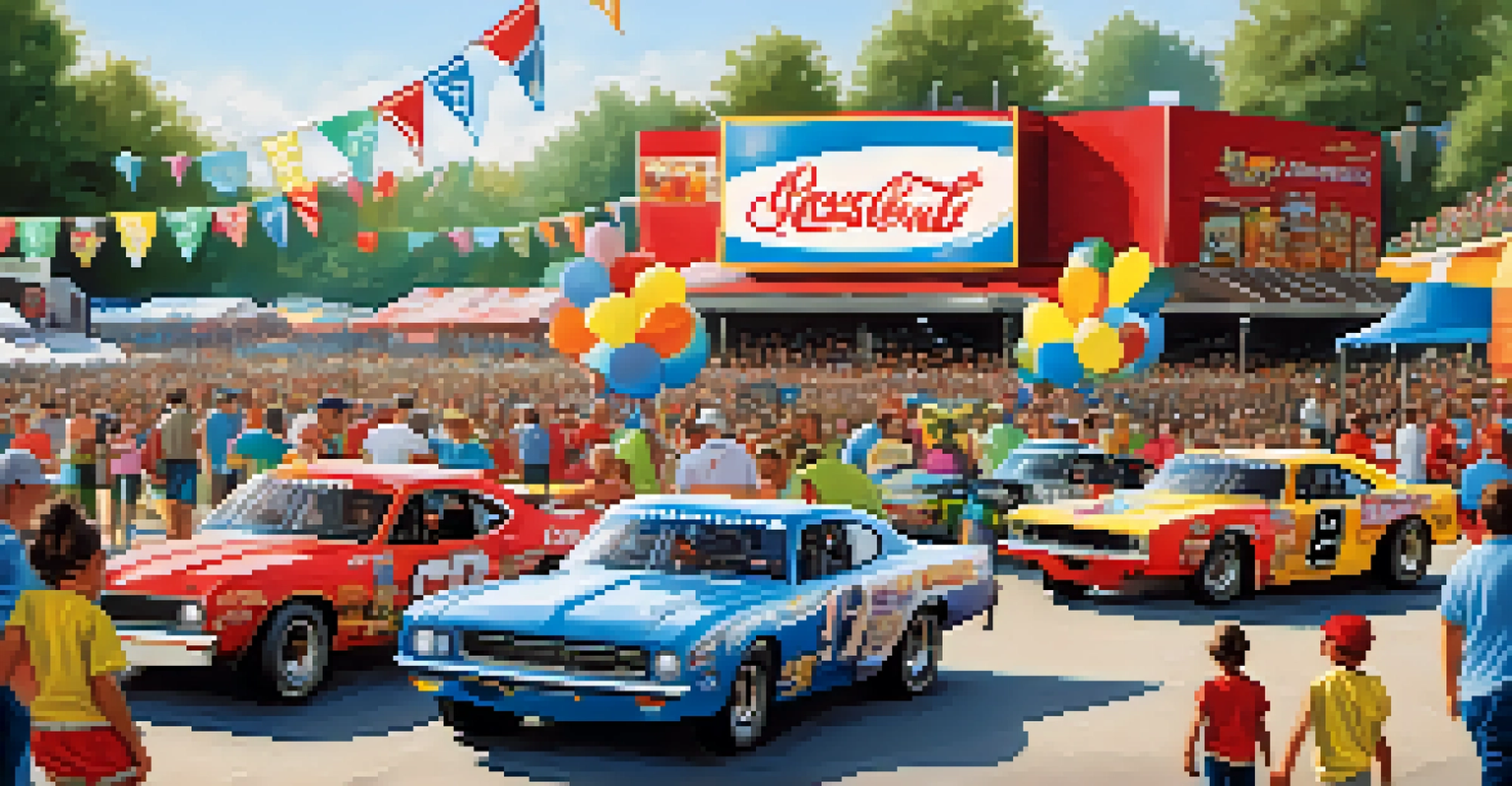 A community event in North Carolina with families watching a NASCAR race on a large screen, surrounded by food vendors and festive decorations.