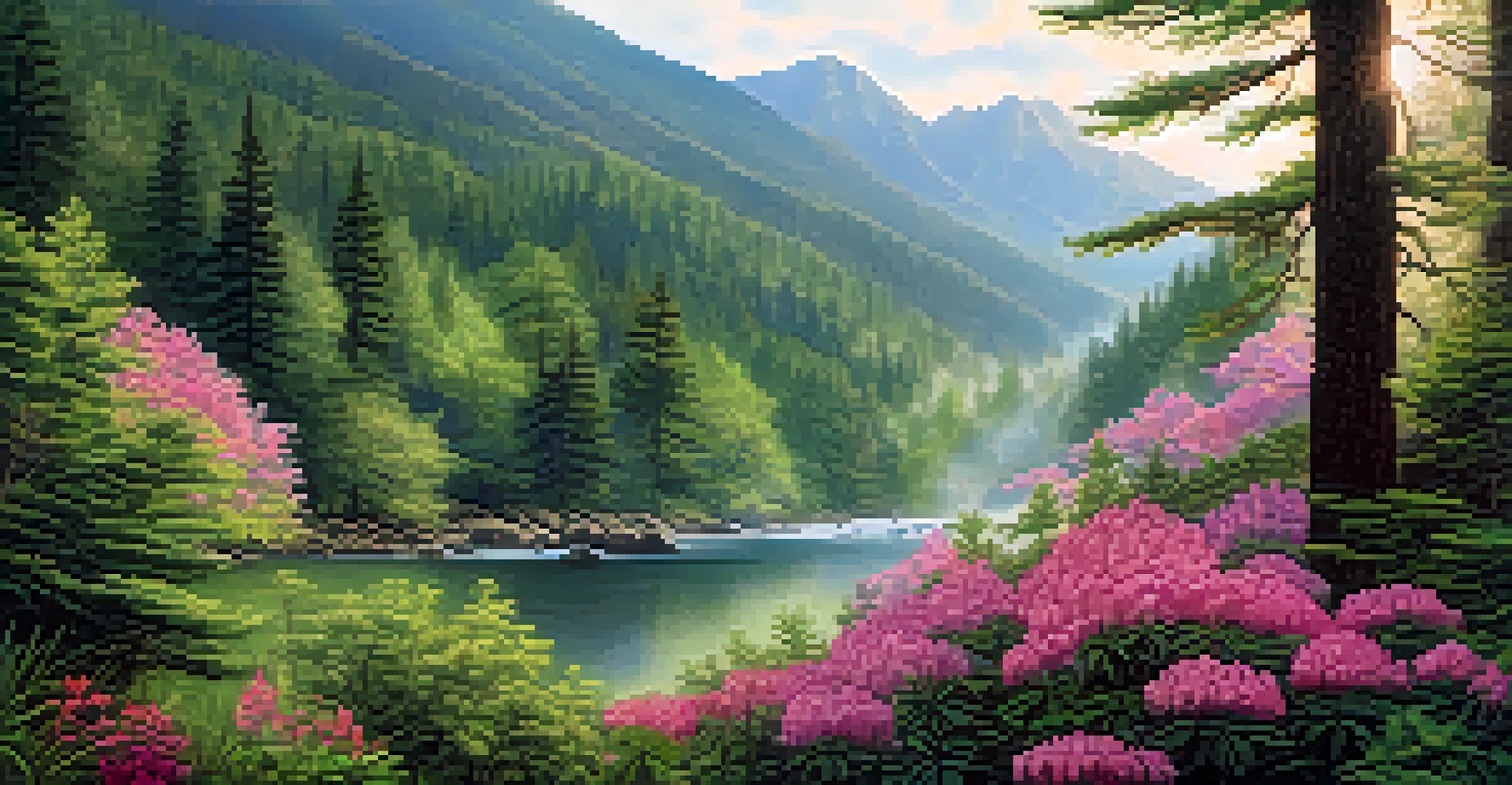 A mountainous landscape with trees, blooming flowers, and a trout swimming in a clear stream.