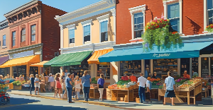 A lively street market in North Carolina with local businesses and people shopping under bright sunlight.