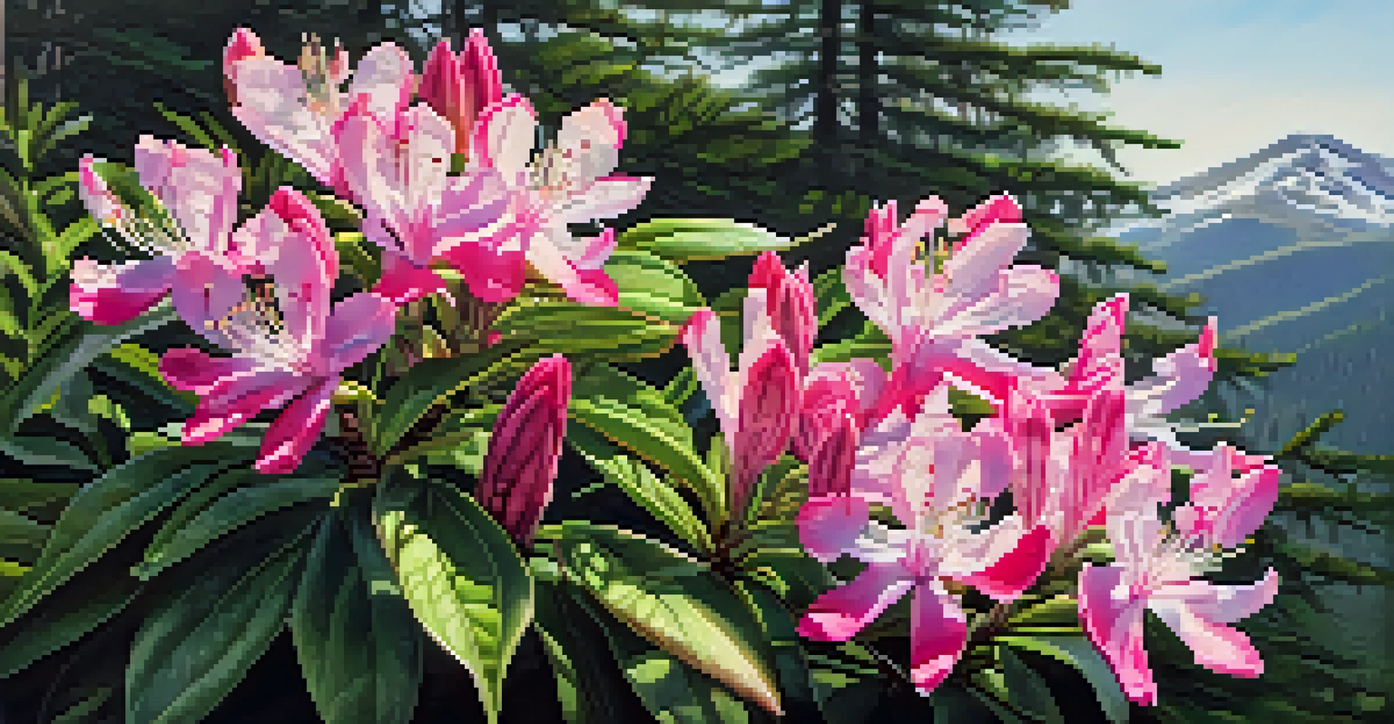 Close-up of blooming Catawba rhododendron flowers in North Carolina's alpine zone.