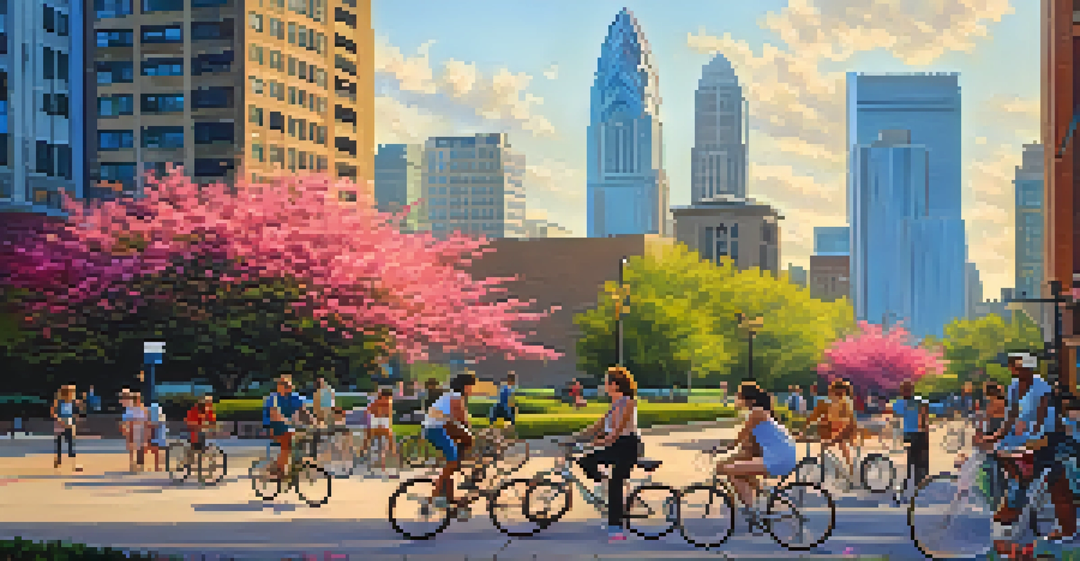 A lively urban park in Charlotte, North Carolina, filled with diverse people enjoying the sunny day amidst tall buildings and colorful flowers.