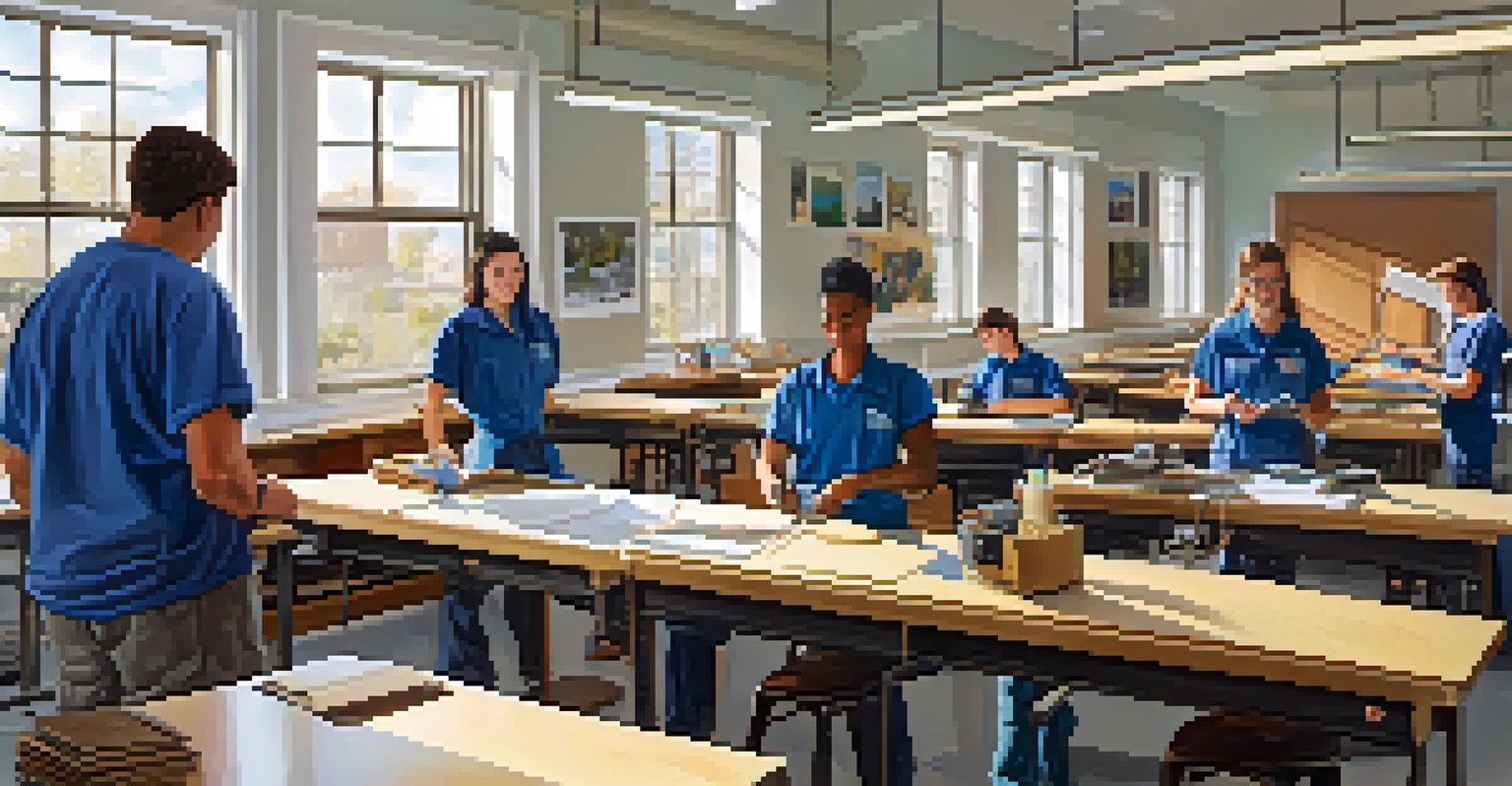 Interior of a community college classroom with students participating in vocational training, surrounded by tools and equipment.