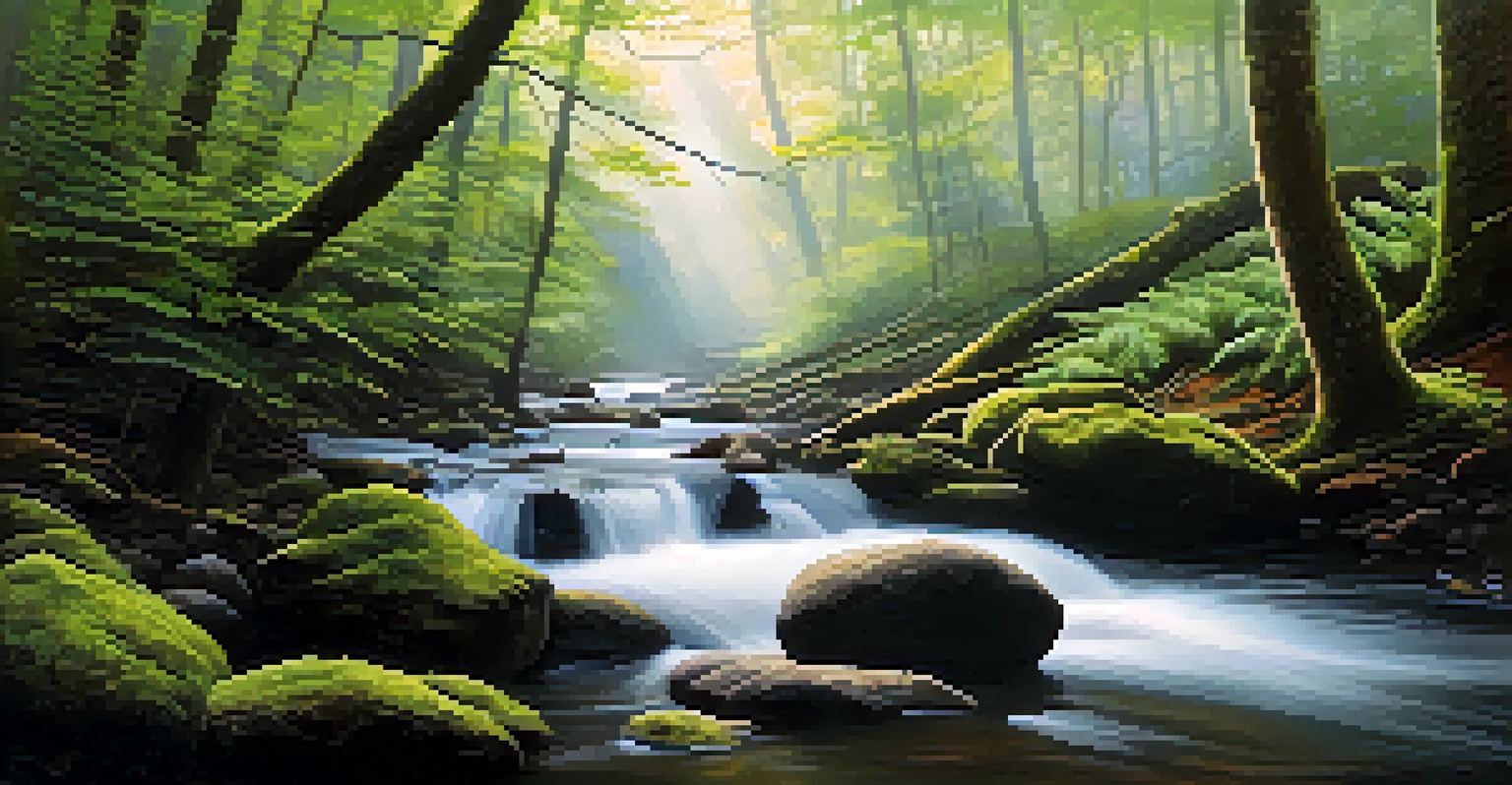 A misty morning scene in the Southern Appalachian forest with a serene stream.