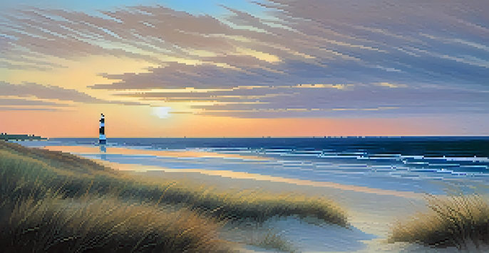 A peaceful sunset scene at North Carolina's Outer Banks with pastel skies, calm ocean, sand dunes, and a lighthouse silhouette.