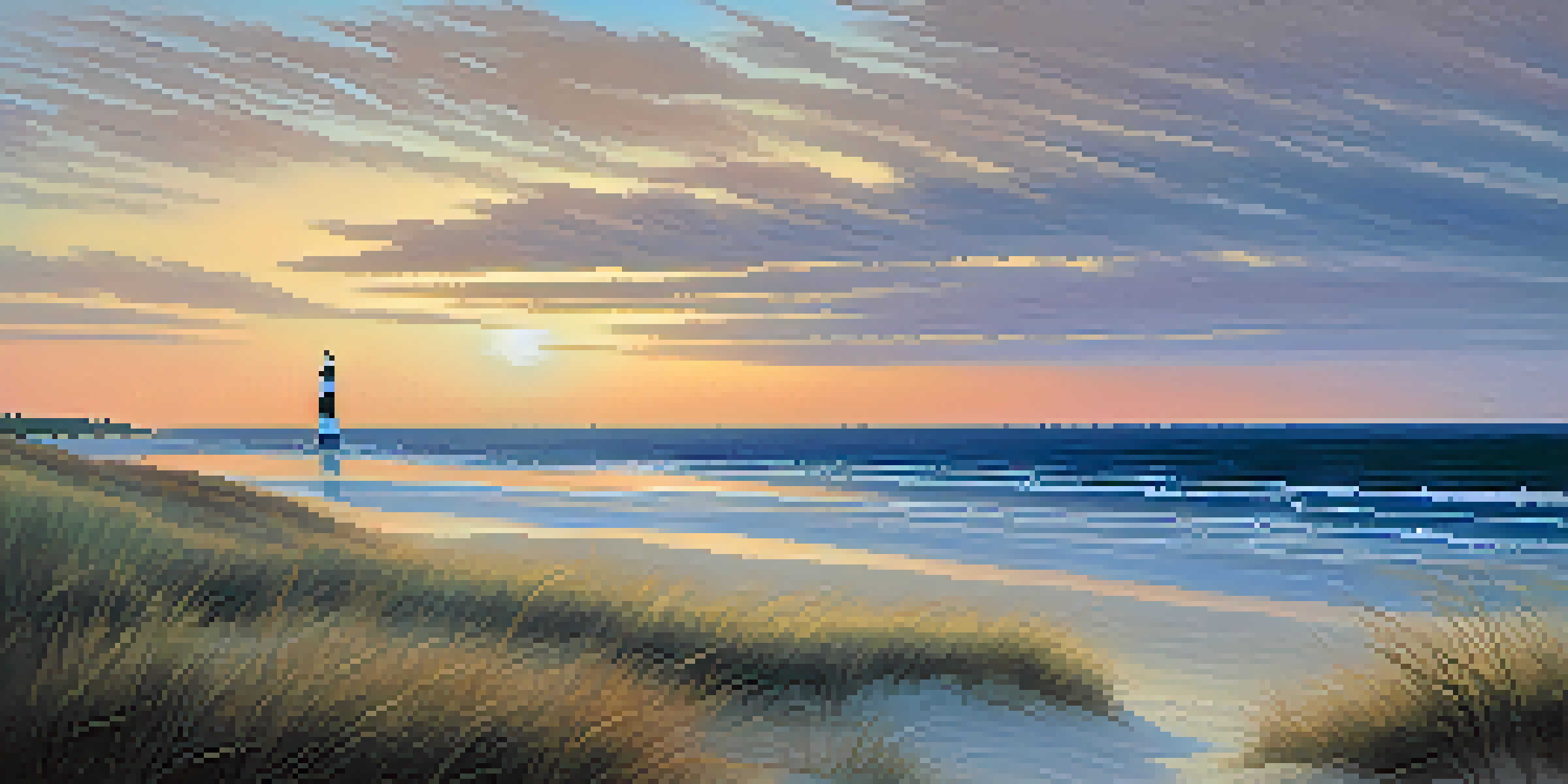 A peaceful sunset scene at North Carolina's Outer Banks with pastel skies, calm ocean, sand dunes, and a lighthouse silhouette.