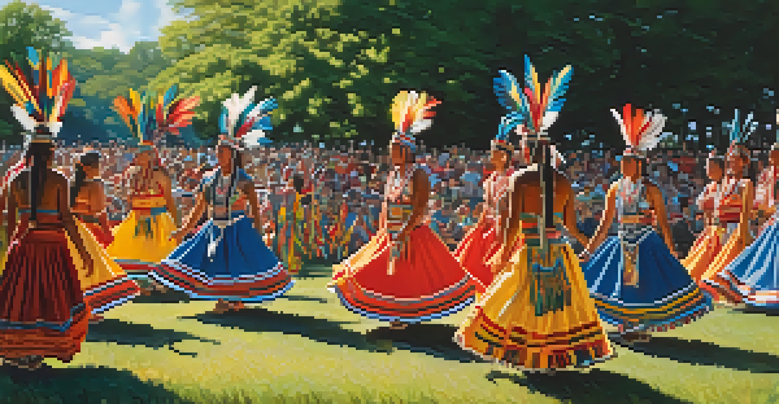Dancers in colorful traditional attire performing at a powwow in a green park with spectators, under a clear blue sky.