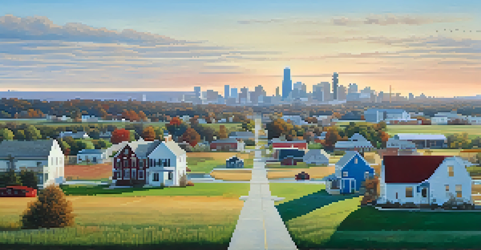 A split landscape of North Carolina, showing an urban area on one side and a rural scene on the other, with a gradient of colors.