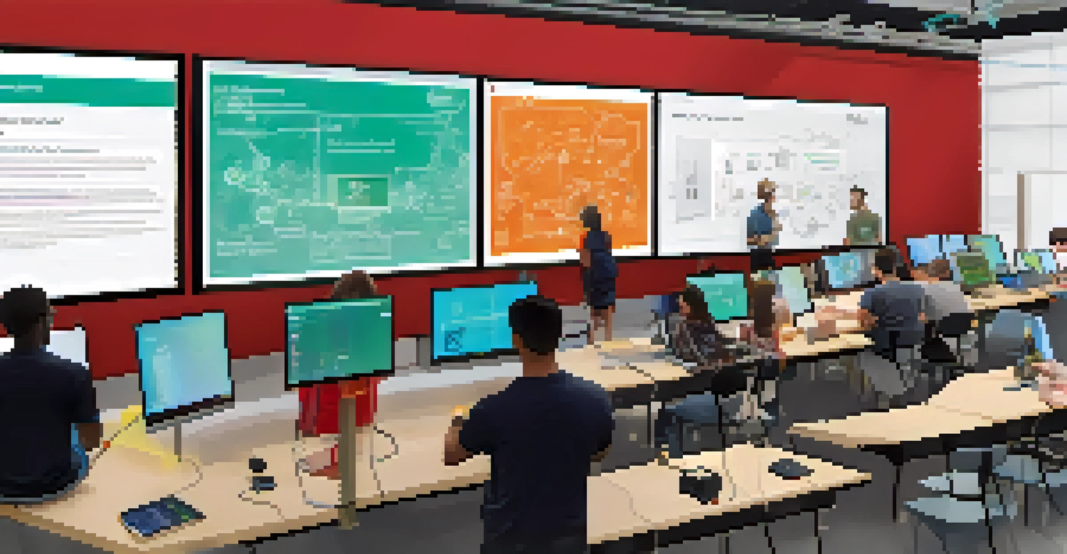 Students collaborating in a high-tech lab, working on technology projects with screens and equipment around them.