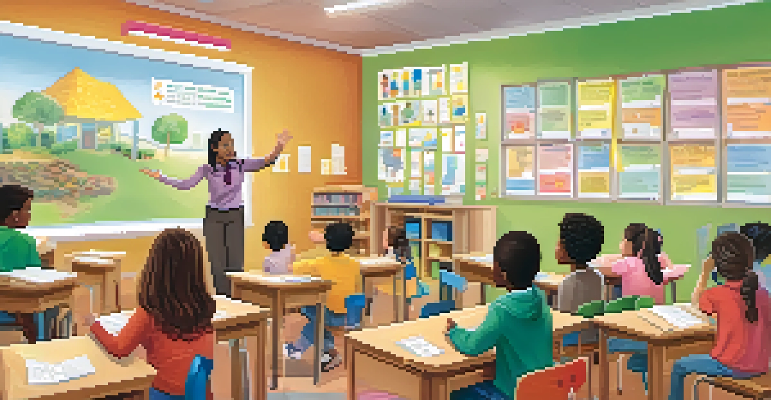 A classroom with a teacher educating students about mental health, with engaged children and colorful decorations.