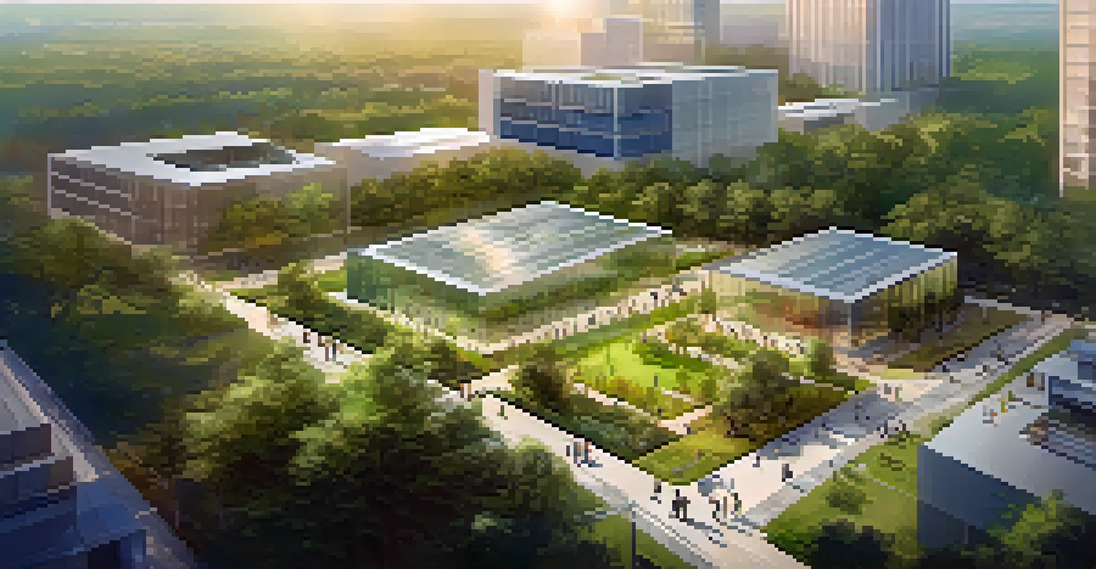 Aerial view of the Research Triangle in North Carolina, featuring parks and modern office buildings with people collaborating outdoors.