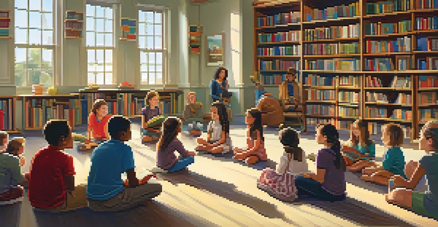 A warm library scene with children and adults participating in a storytelling circle, surrounded by books and cultural artifacts.