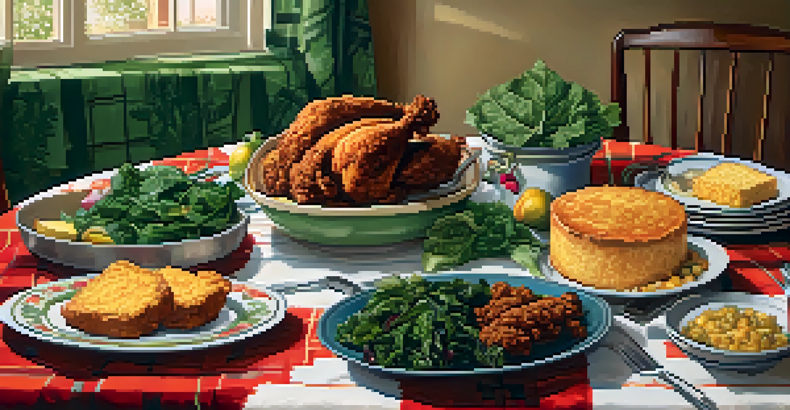 A family gathering table set with traditional African American dishes, decorated with a colorful tablecloth and warm lighting.