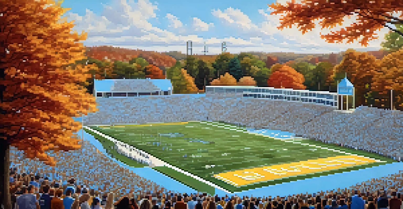 A vibrant scene of a college football game at Kenan Memorial Stadium, with cheering fans and the historic Bell Tower in the background surrounded by fall foliage.