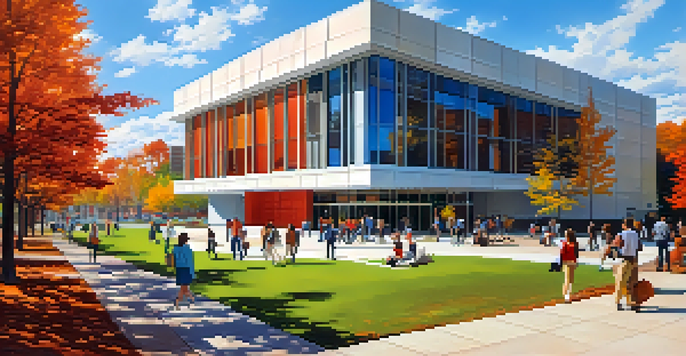 A lively university campus with students, modern buildings, and colorful autumn trees under a blue sky.
