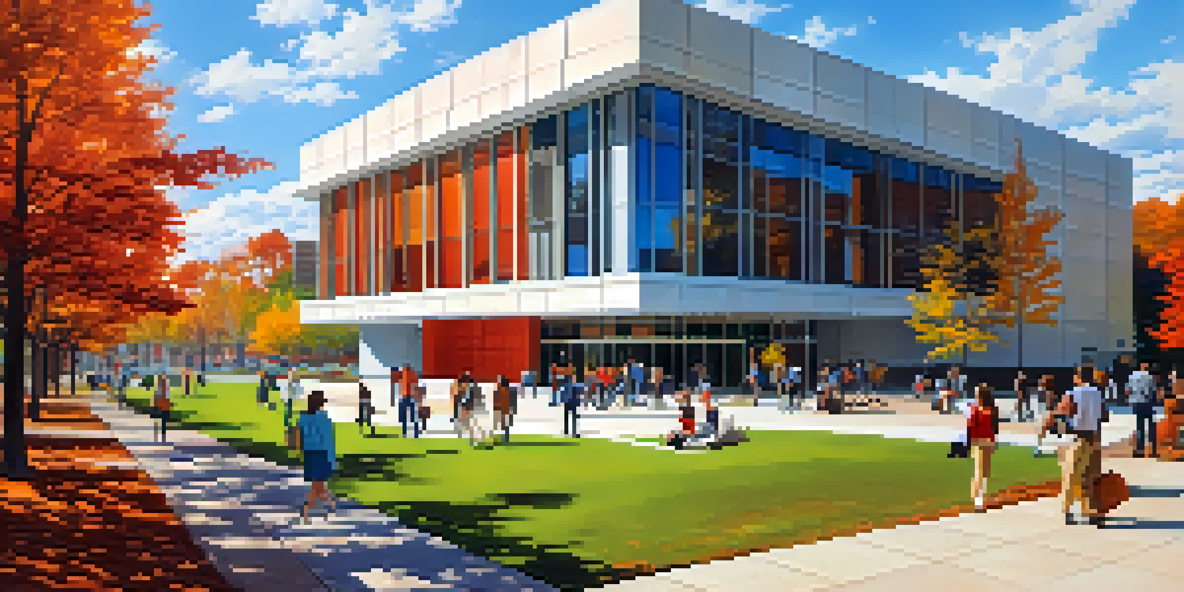 A lively university campus with students, modern buildings, and colorful autumn trees under a blue sky.