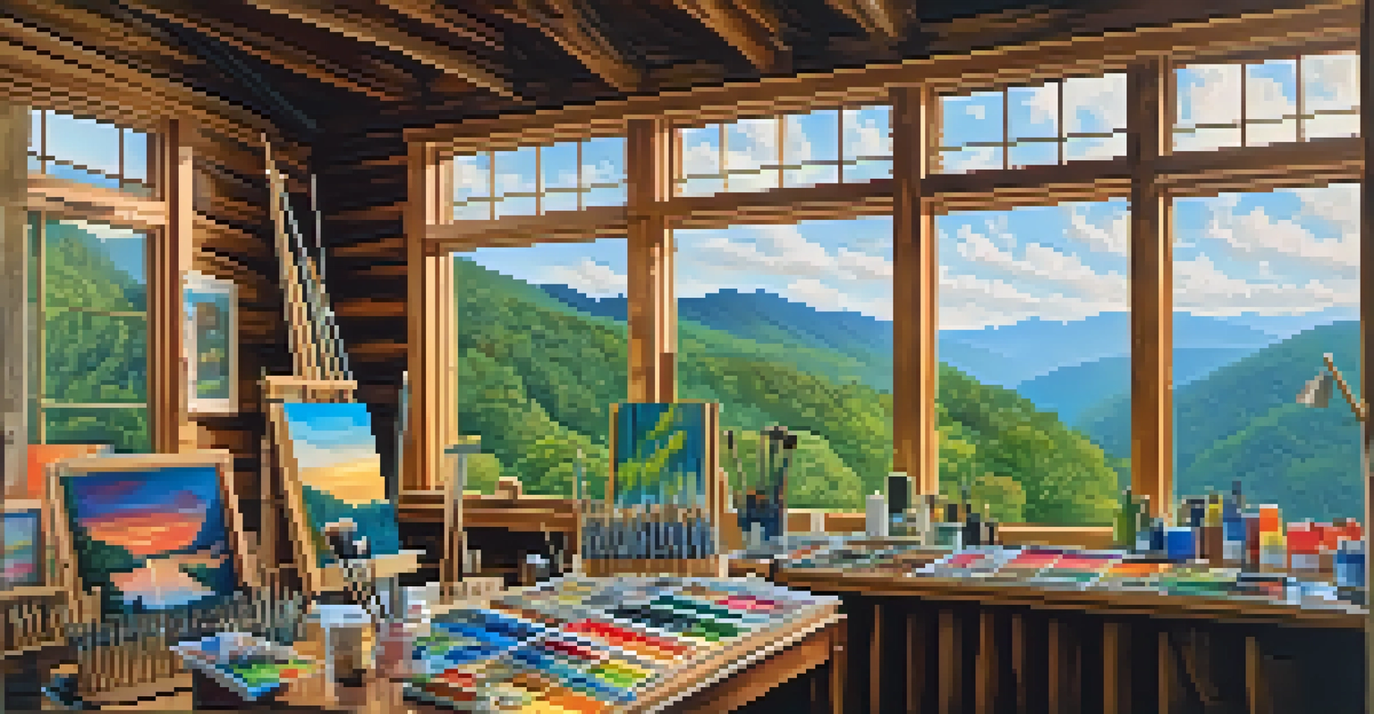 An artist's studio overlooking the Blue Ridge Mountains with vibrant paintings and natural light.