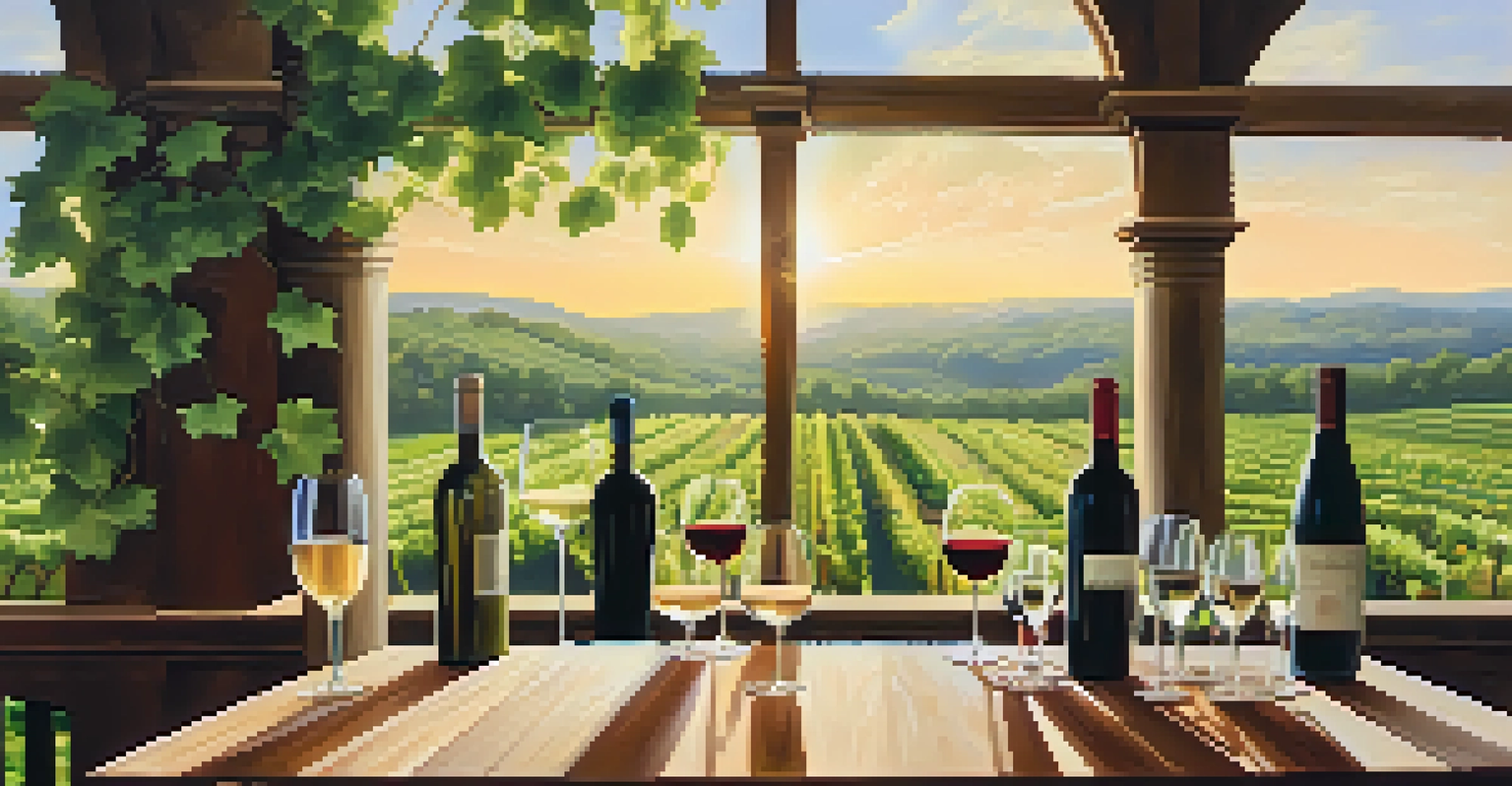 A beautifully arranged wine tasting table with various wine glasses at a vineyard in North Carolina, surrounded by green vines.
