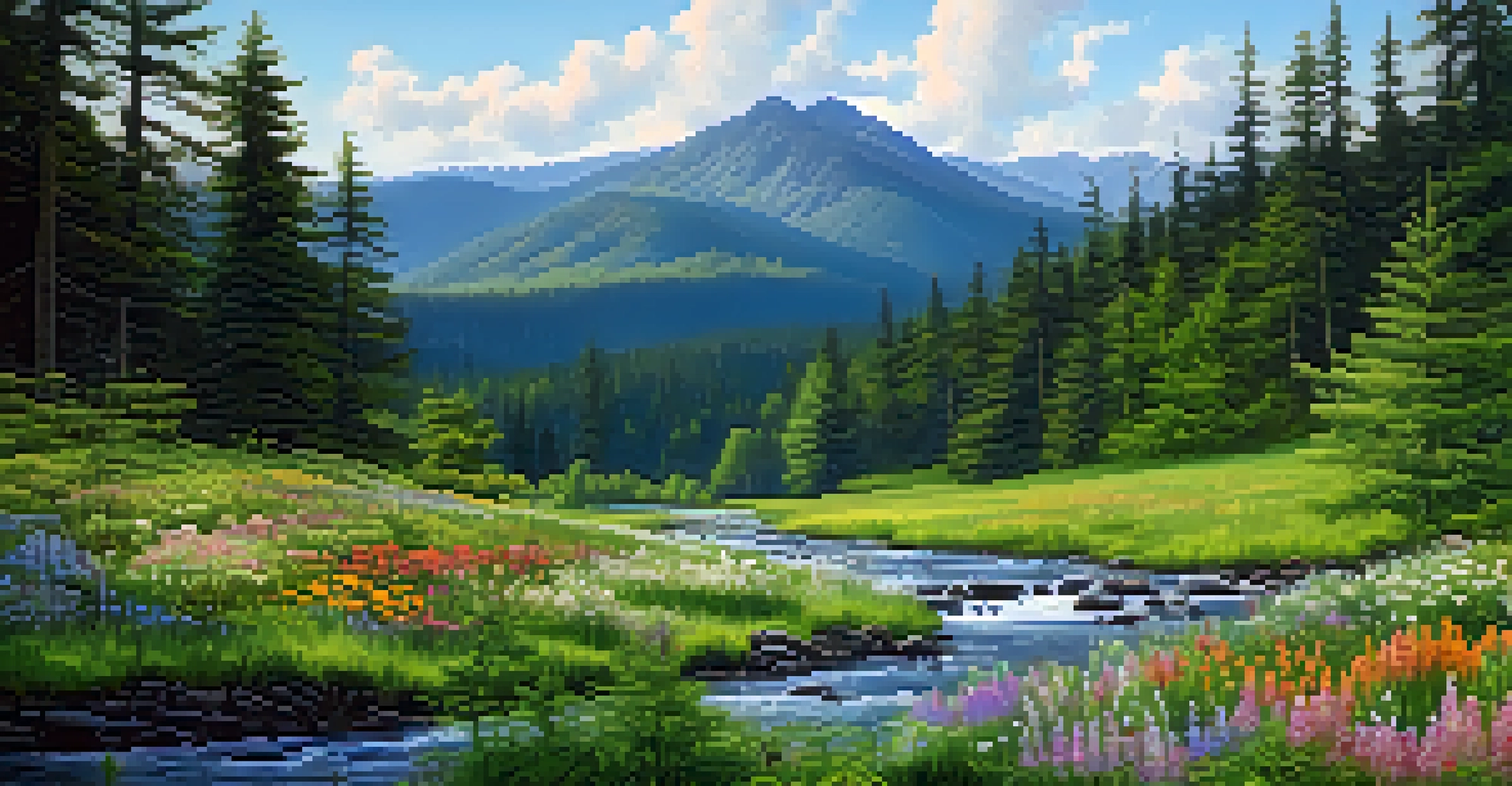 A vibrant mountain scene in North Carolina showing a dense forest, wildflower meadow, and a clear stream under a blue sky.
