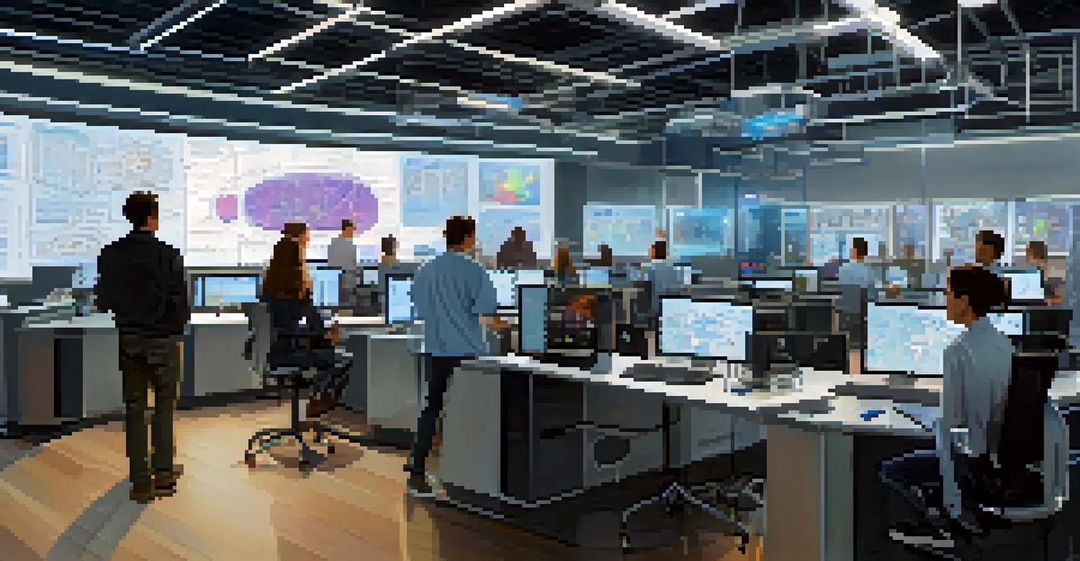 A university research lab with students and professors working on AI technologies, surrounded by computers and data visualizations.