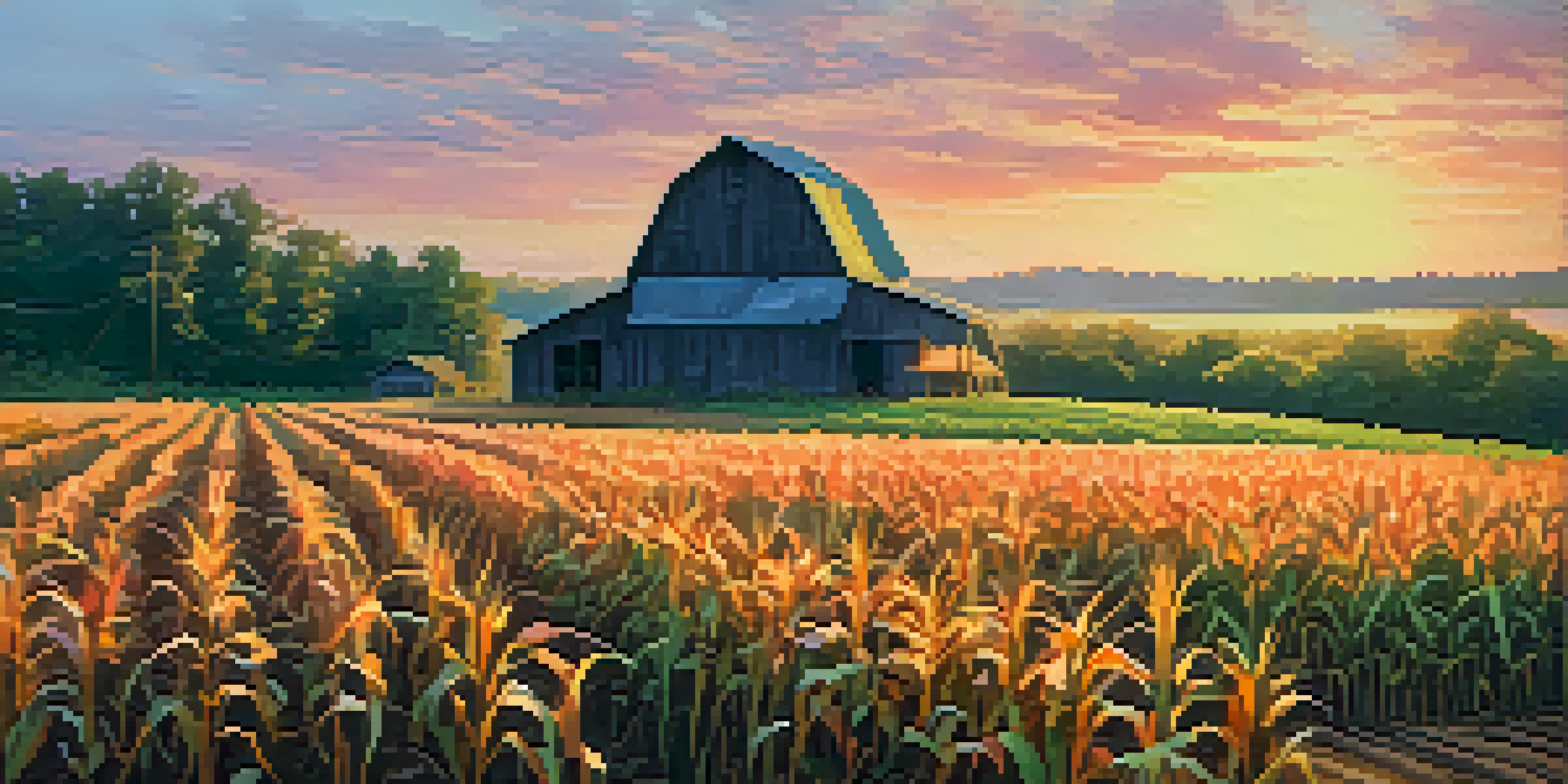 A cornfield in North Carolina at sunset with a rustic barn in the background.