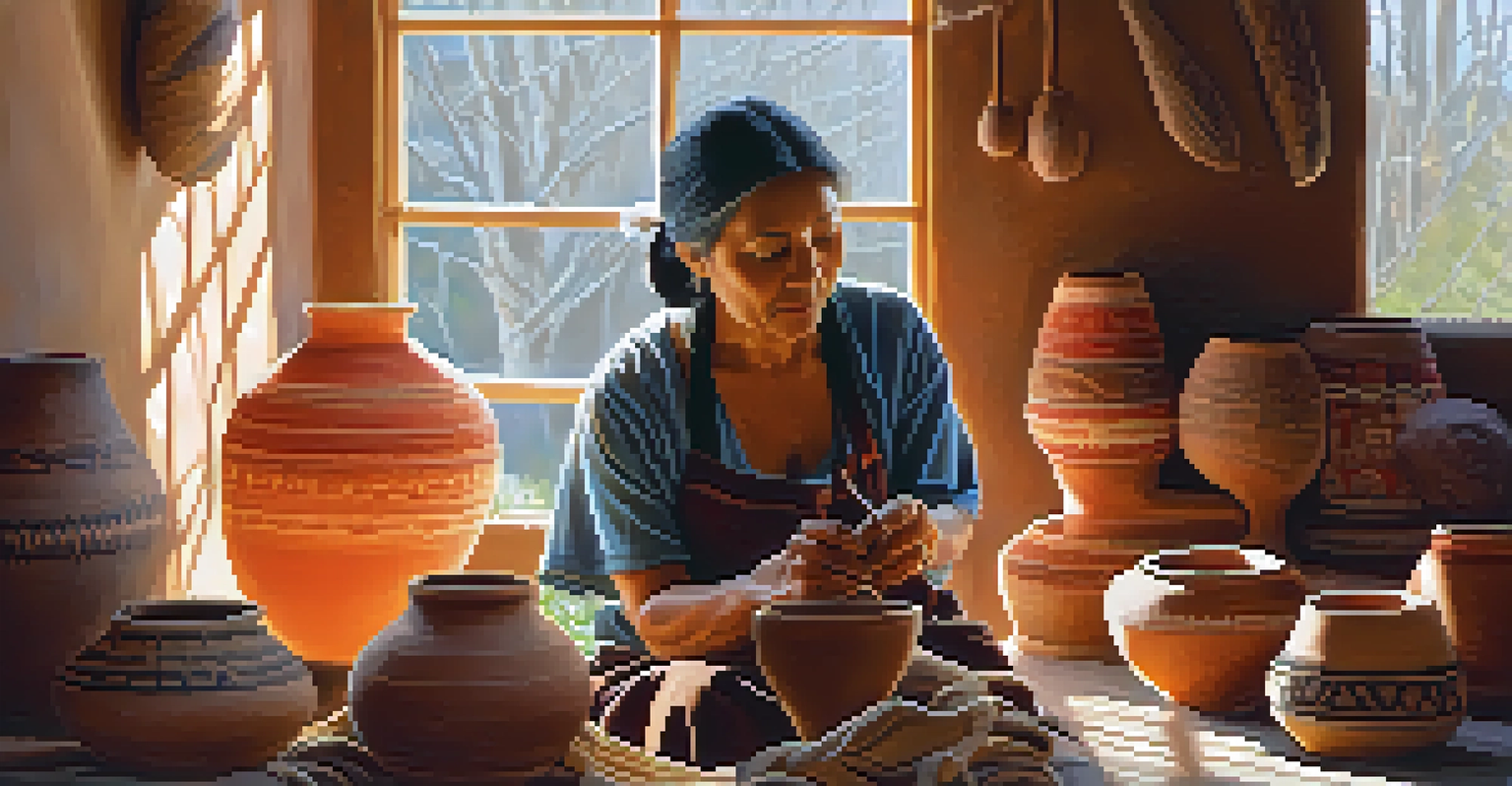 A Native American woman crafting traditional Cherokee pottery in a bright workshop, surrounded by colorful beadwork and woven baskets.