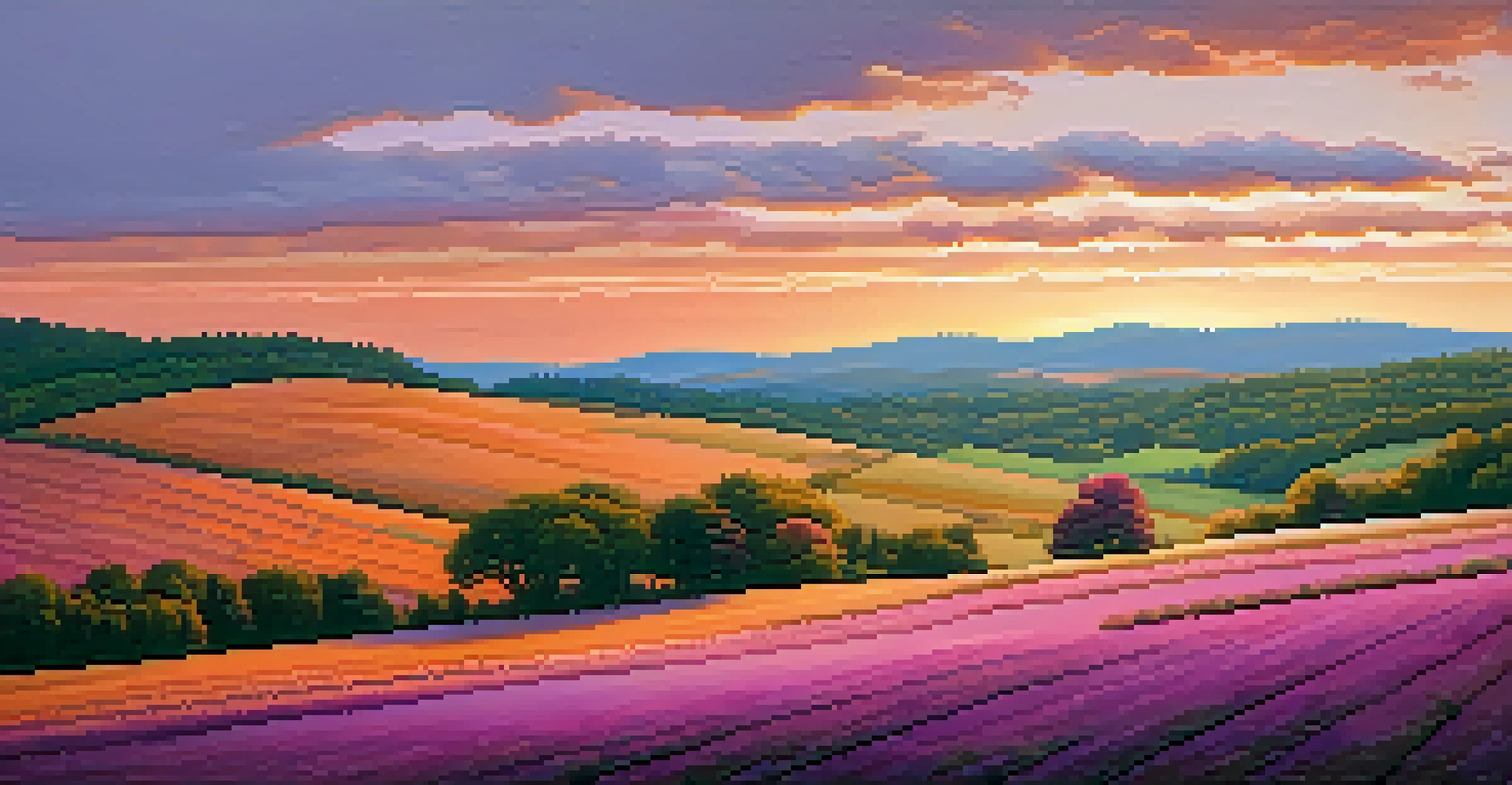 A peaceful countryside view in North Carolina during sunset, with farmland and a farmhouse set against a colorful sky.