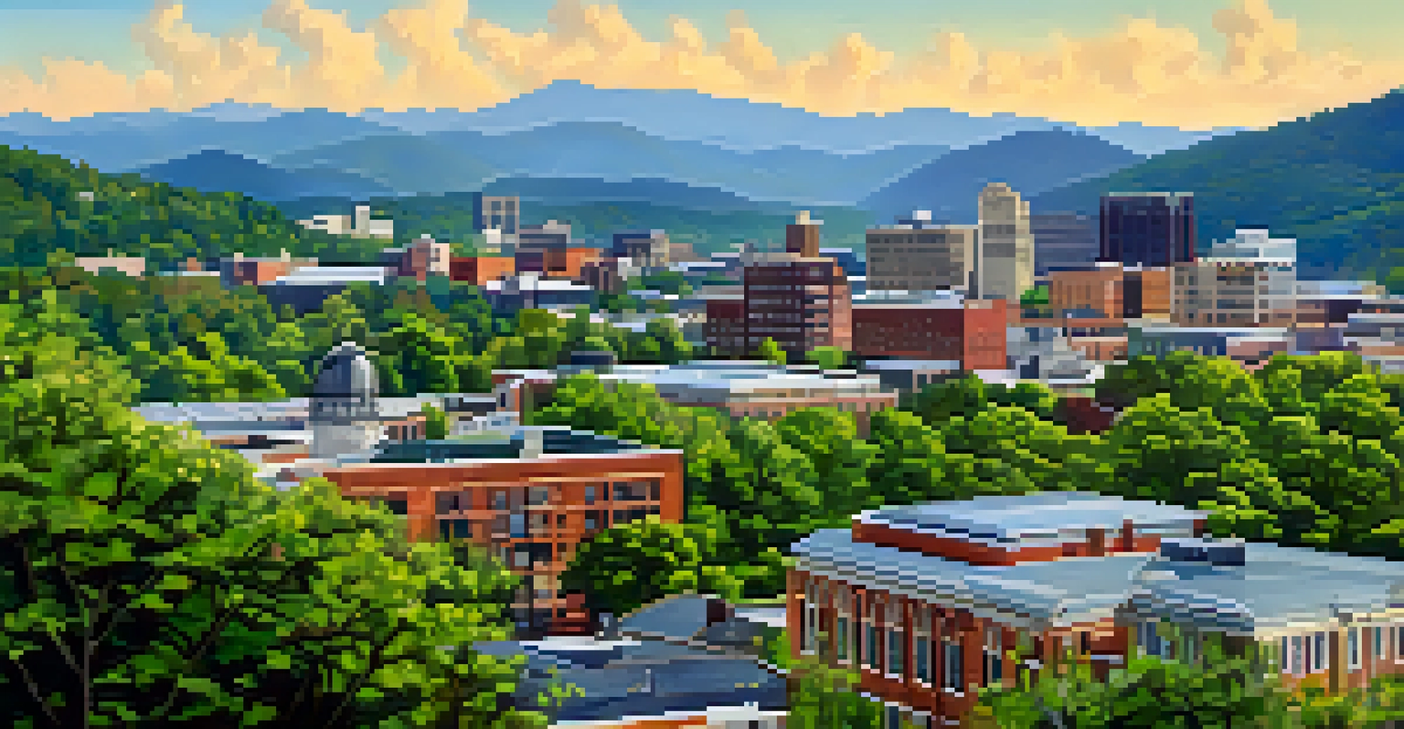 A scenic view of Asheville, North Carolina, featuring green infrastructure like parks and solar panels, set against the Blue Ridge Mountains.