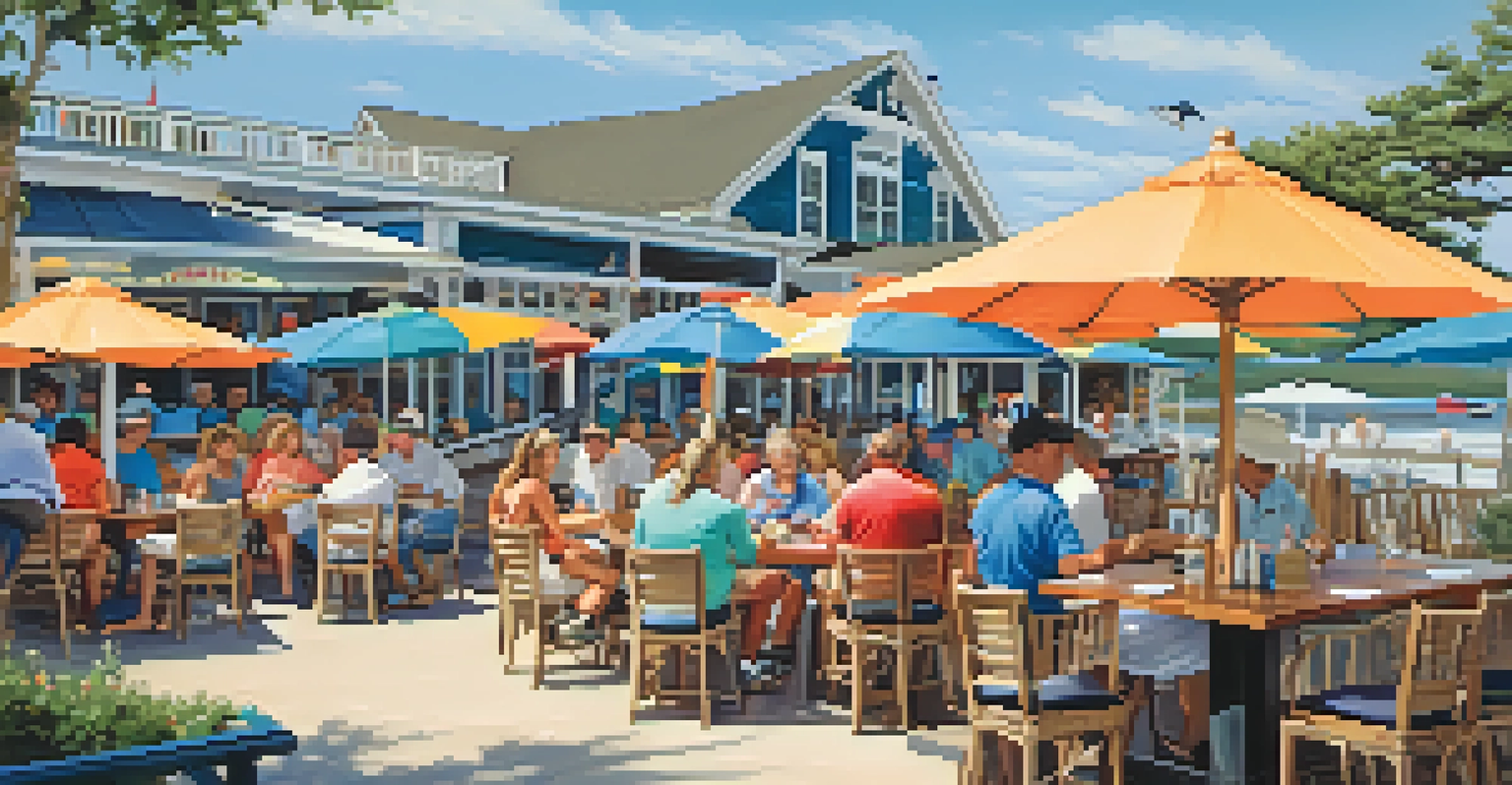 A local seafood restaurant on the Outer Banks, with patrons enjoying meals outdoors and ocean views.