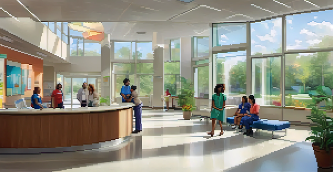 A diverse group of healthcare professionals interacting with patients in a bright and modern clinic setting, creating a welcoming atmosphere.