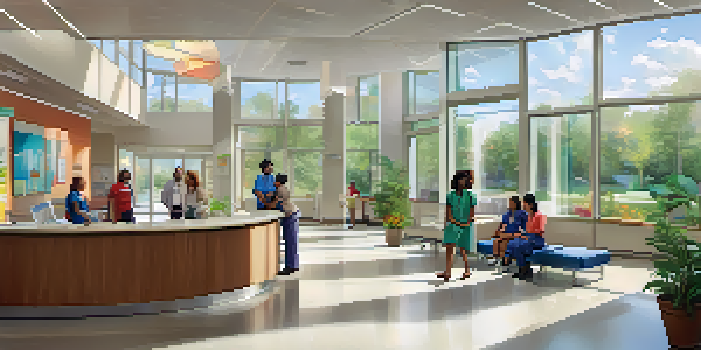 A diverse group of healthcare professionals interacting with patients in a bright and modern clinic setting, creating a welcoming atmosphere.