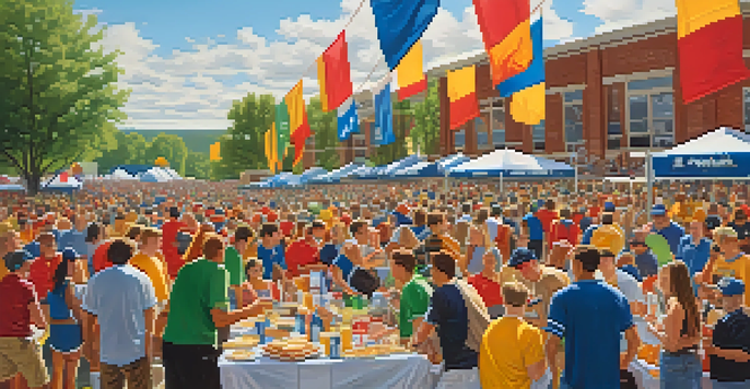 A lively tailgate party with college sports fans in school colors, enjoying food and camaraderie outside a university stadium.