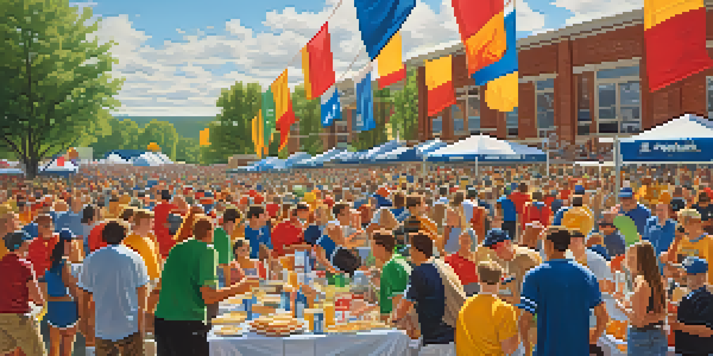 A lively tailgate party with college sports fans in school colors, enjoying food and camaraderie outside a university stadium.