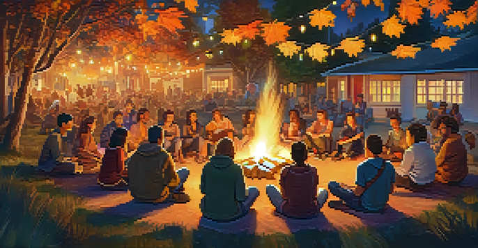 A lively storytelling festival in North Carolina, with people gathered around a campfire and colorful tents in the background.
