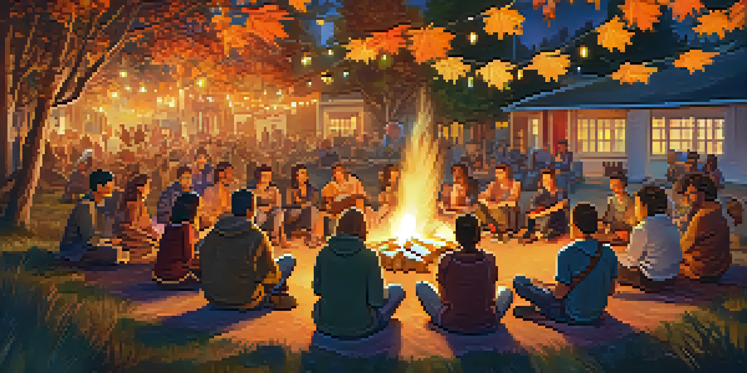 A lively storytelling festival in North Carolina, with people gathered around a campfire and colorful tents in the background.