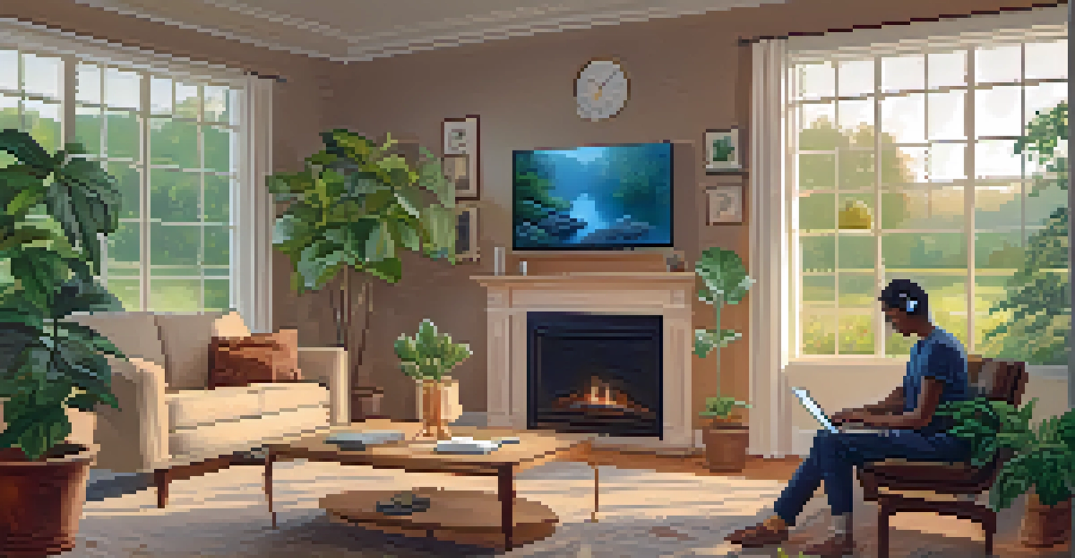 An individual in a cozy living room engaged in a telehealth session on a laptop, surrounded by plants and warm lighting.