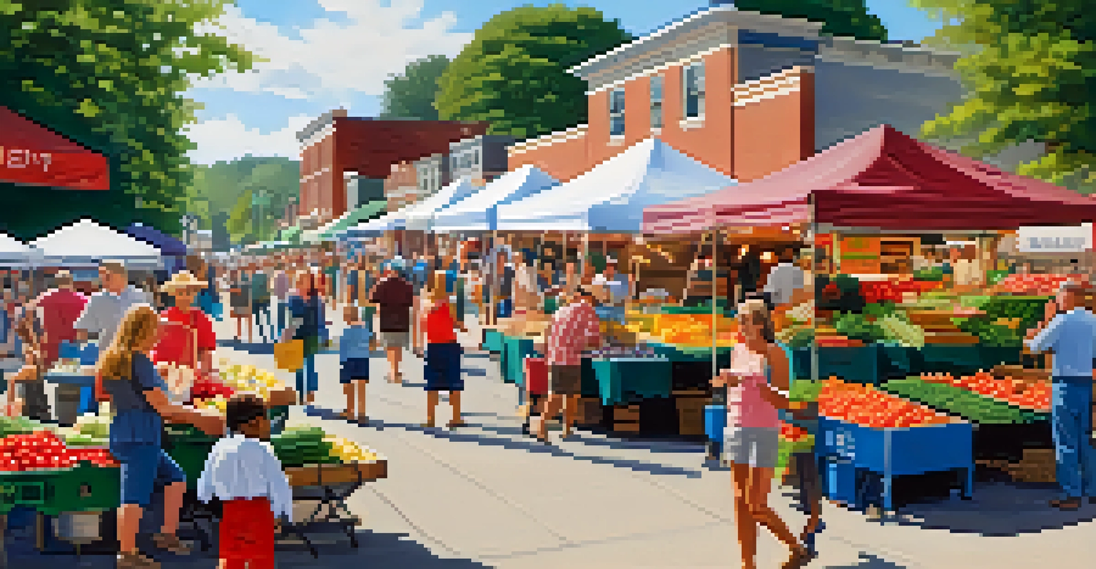 A bustling farmers' market in North Carolina with vibrant stalls of fresh produce and families enjoying the atmosphere.