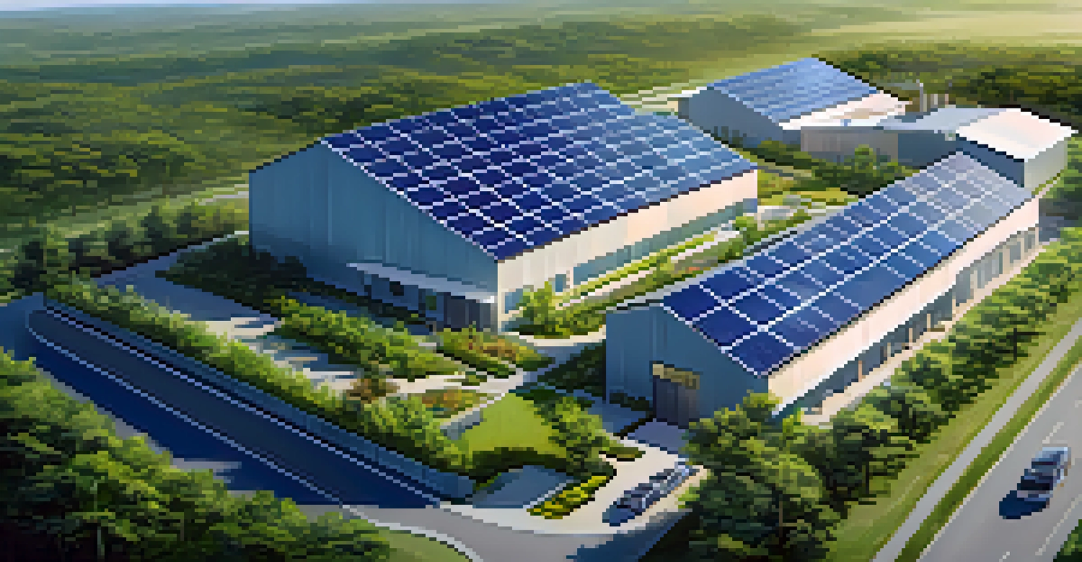 An aerial view of a sustainable manufacturing plant with solar panels and greenery in North Carolina.
