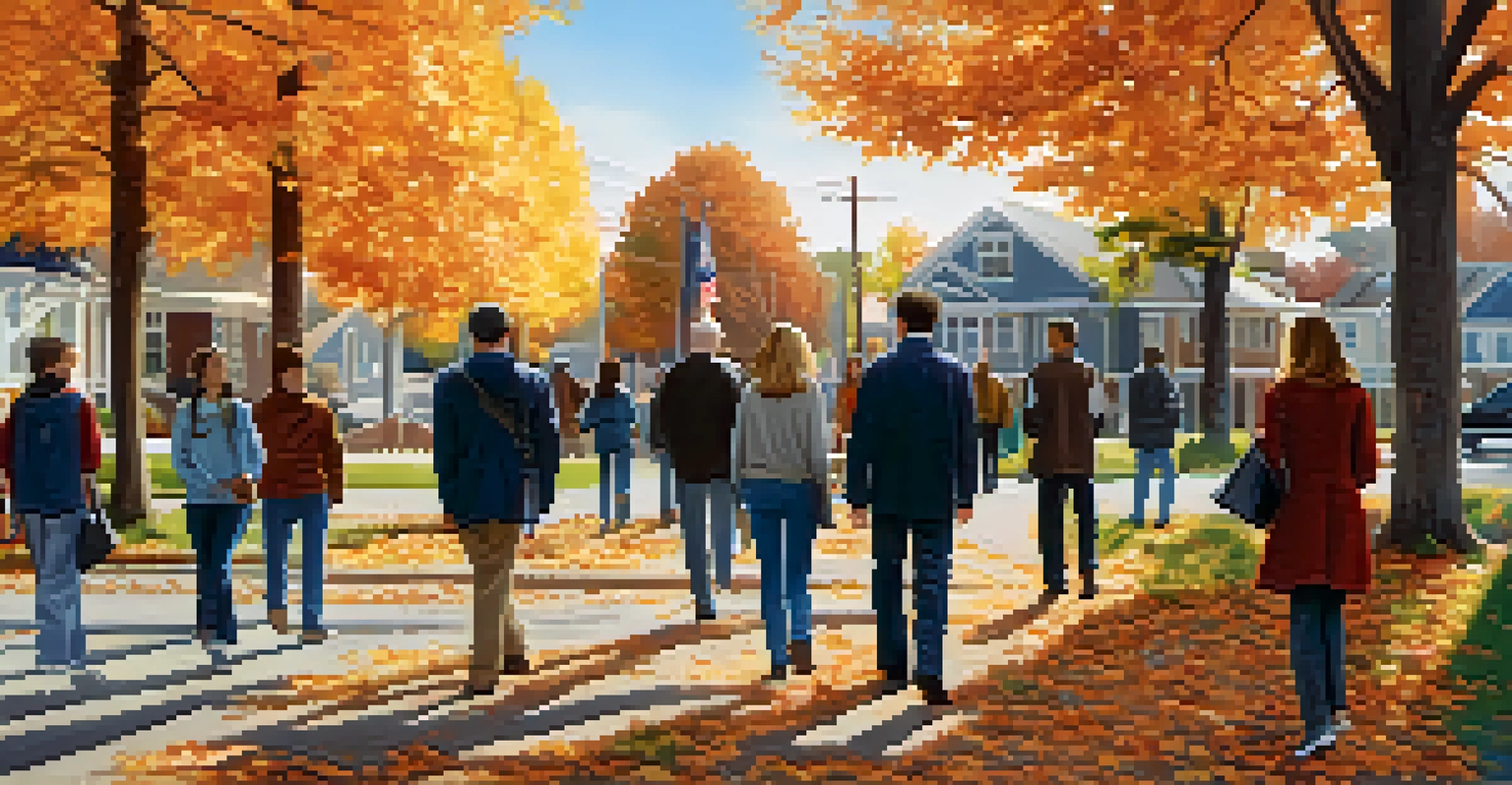 A group of friends walking together to a polling station on Election Day in a peaceful neighborhood with autumn scenery.