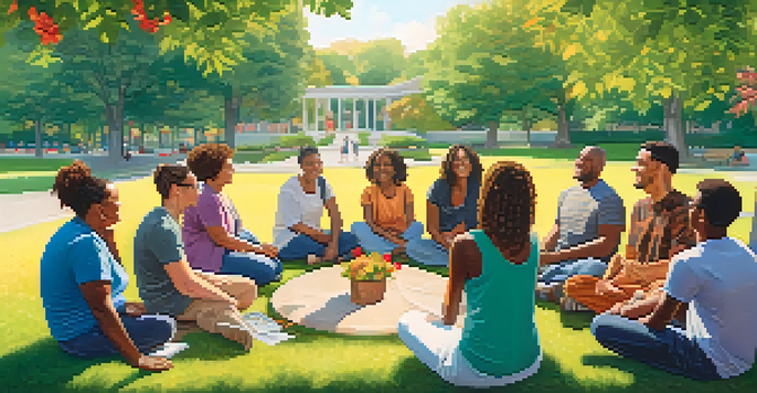 A diverse group of people holding a mental health support group in a sunny park surrounded by greenery.