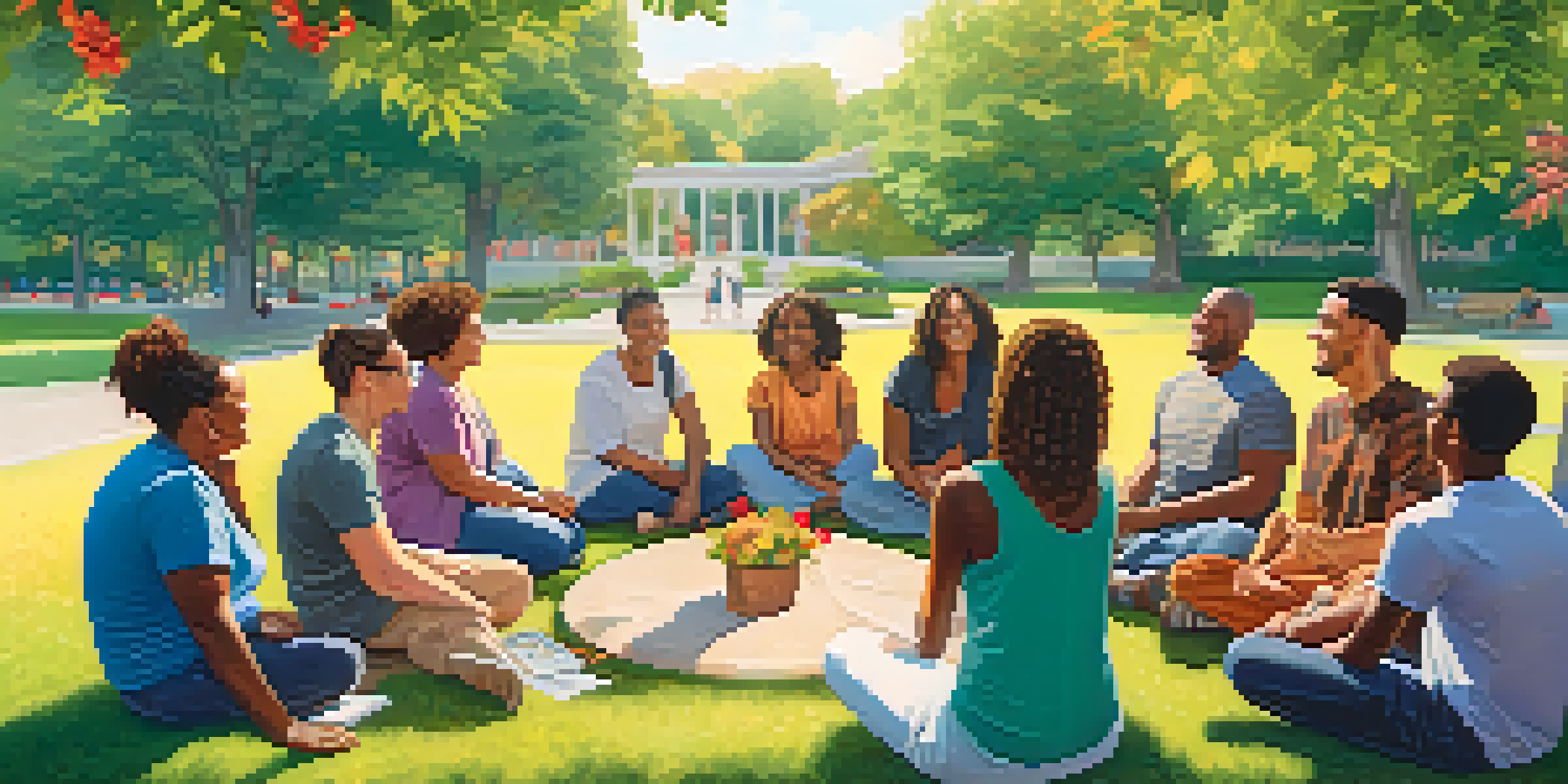 A diverse group of people holding a mental health support group in a sunny park surrounded by greenery.
