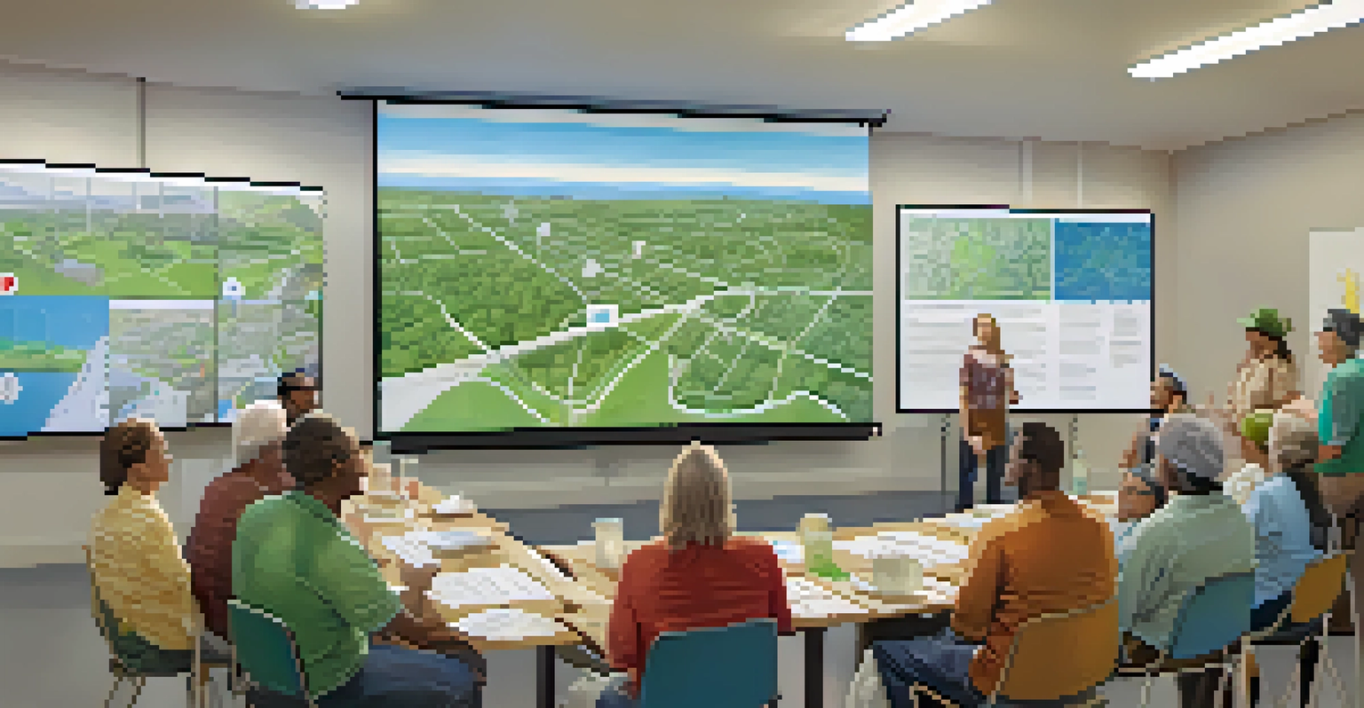 Residents in a community meeting discussing a sustainable engineering project with blueprints and maps.