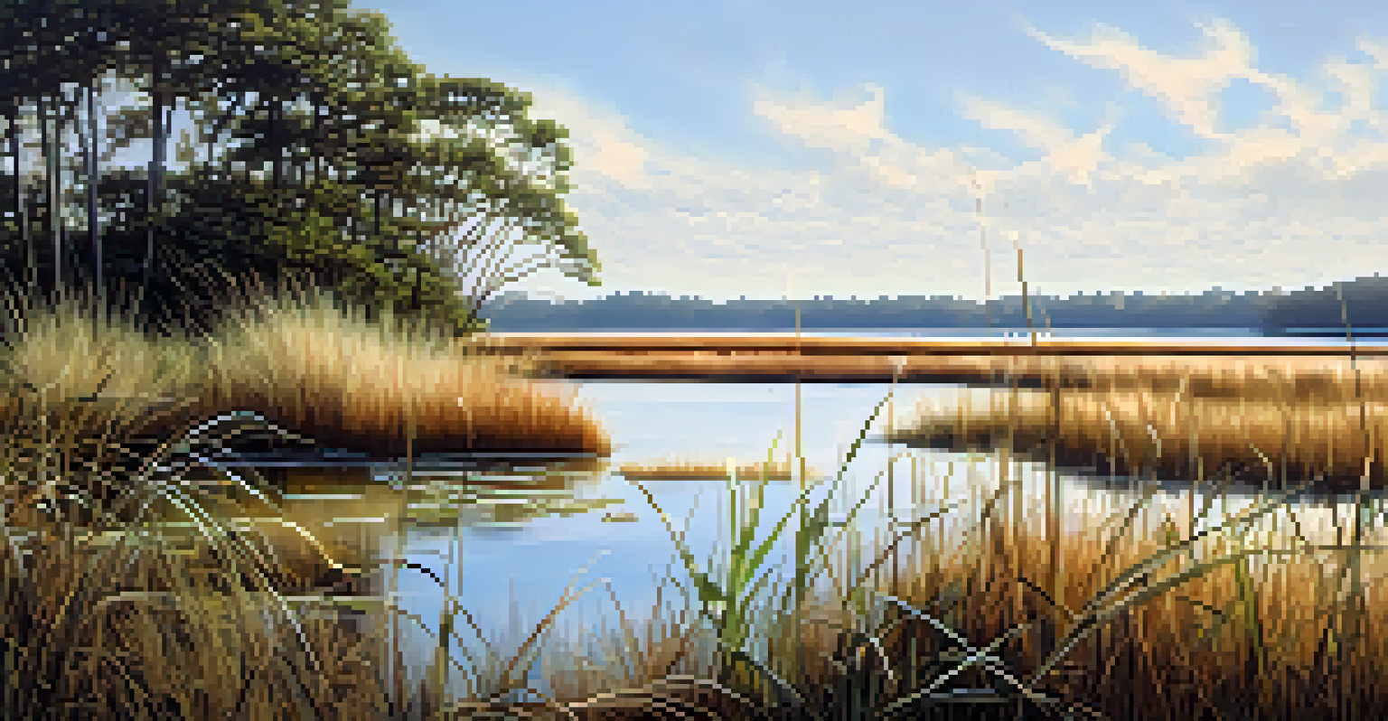 A close-up view of a coastal wetland with grasses, reeds, and a small pond reflecting the sky.