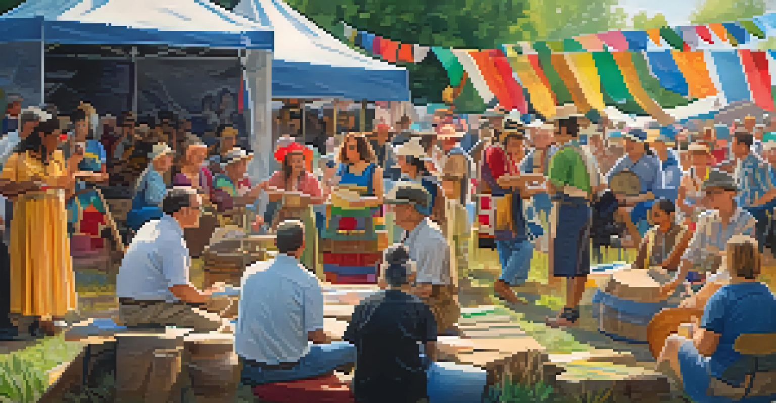 A lively workshop at the National Folk Festival featuring diverse artists demonstrating crafts and music, with colorful decorations around.