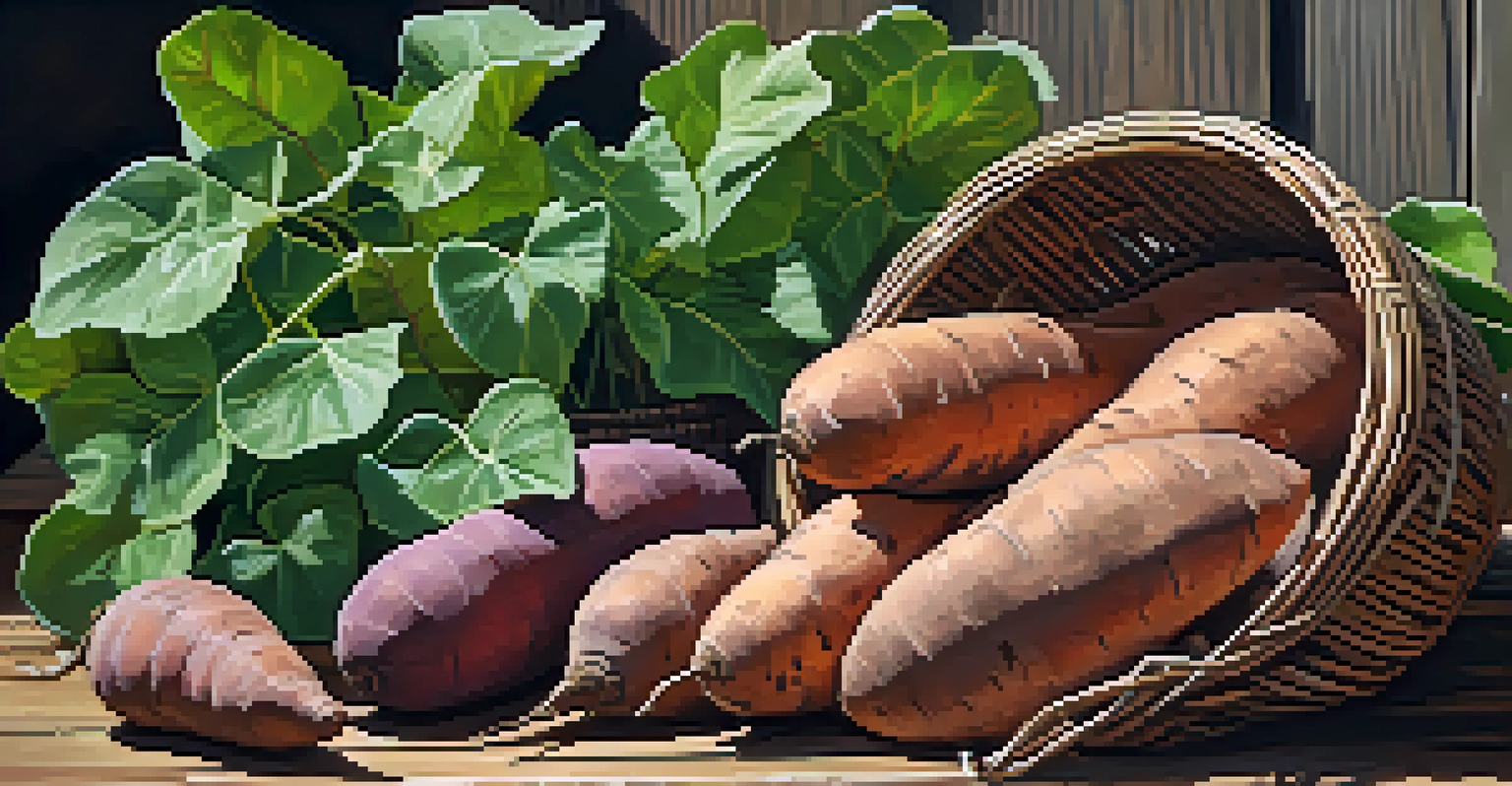 Freshly harvested sweet potatoes on a wooden table with leaves and a basket.