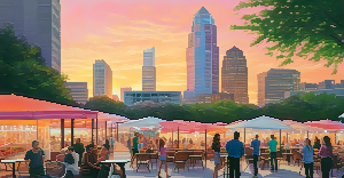 A city skyline of Raleigh with modern buildings and greenery at sunset, with people socializing outside a café.