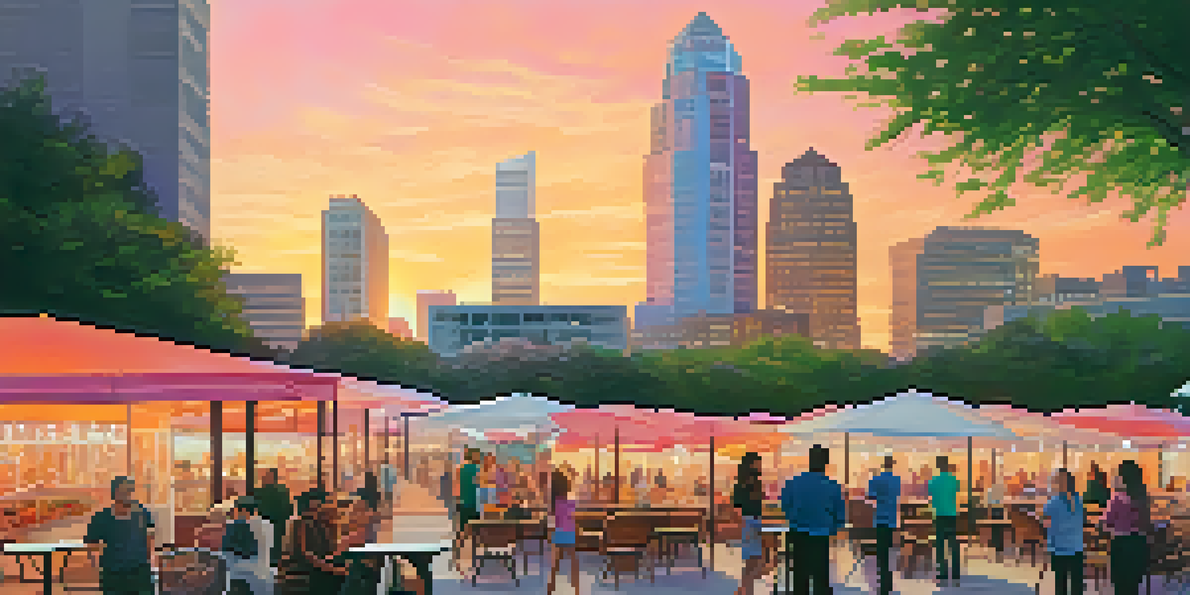 A city skyline of Raleigh with modern buildings and greenery at sunset, with people socializing outside a café.